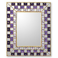 Reverse painted glass mirror, 'Golden Violets' - Reverse painted glass mirror