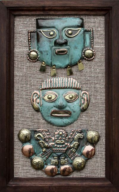 Copper and bronze wall art, 'Moche Masks' - Copper and bronze wall art