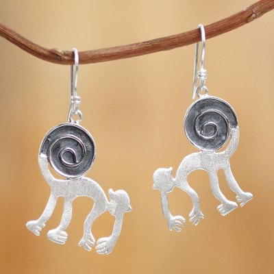 Sterling silver dangle earrings, 'Nazca Monkey Tricks' - Sterling silver dangle earrings