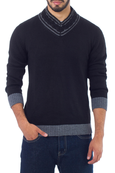 Men's alpaca blend sweater, 'Orcopampa Midnight' - Men's V Neck Alpaca Blend Sweater