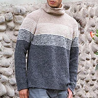 Men's alpaca blend sweater, 'Signs of the Earth' - Men's Baby Alpaca Grey and White Turtleneck