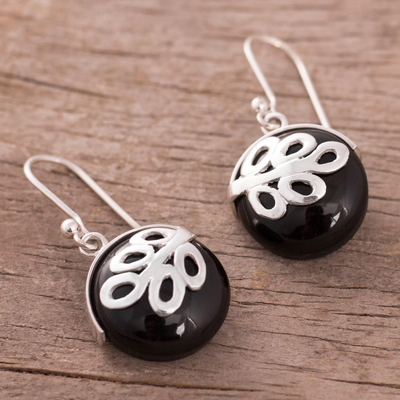 Obsidian dangle earrings, 'Midnight Fern' - Obsidian dangle earrings