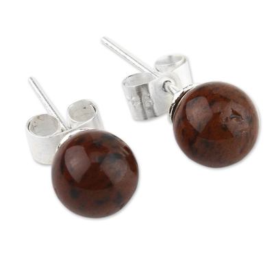 Mahogany obsidian stud earrings, 'Enigma' - Mahogany obsidian stud earrings