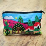 Cotton applique cosmetic bag, 'Country Scene' - Cotton Applique Folk Art Cosmetic Bag