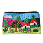 Cotton applique cosmetic bag, 'Country Scene' - Cotton Applique Folk Art Cosmetic Bag