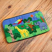 Applique cosmetic bag, 'Jungle Friends' - Cotton Applique Folk Art Cosmetic Bag