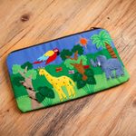 Applique cosmetic bag, 'Jungle Friends' - Cotton Applique Folk Art Cosmetic Bag