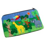 Applique cosmetic bag, 'Jungle Friends' - Cotton Applique Folk Art Cosmetic Bag