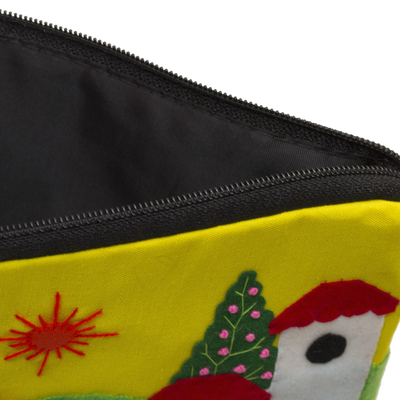 Applique cosmetic bag, 'Sunny Afternoon' - Andean Folk Art Cotton Applique Cosmetic Case
