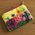 Applique coin purse, 'Butterfly Afternoon' - Andean Folk Art Cotton Applique Change Purse