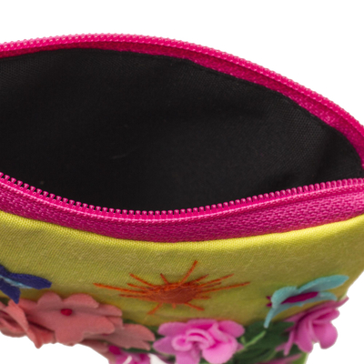 Applique coin purse, 'Butterfly Afternoon' - Andean Folk Art Cotton Applique Change Purse