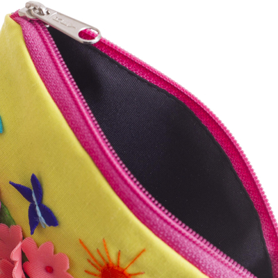 Applique coin purse, 'Butterfly Afternoon' - Andean Folk Art Cotton Applique Change Purse