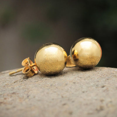 Gold plated stud earrings, 'Andean Sun' - 18k Gold Plated Ball Stud Earrings Artisan Made