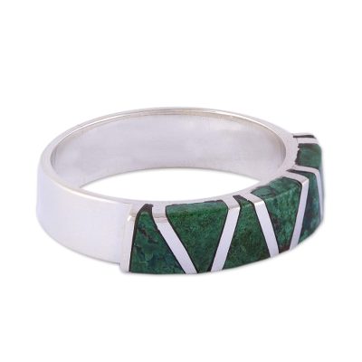 Chrysocolla band ring, 'Moche Mountains' - Women's Inlaid Chrysocolla 925 Silver Ring