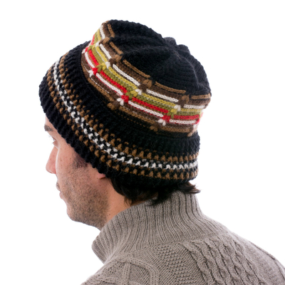 Men's 100% alpaca hat, 'Night Beacon' - Men's Hat Black 100% Alpaca Crocheted by Hand Yellow Accents