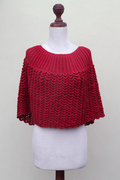 Red Short Poncho Cloak Knitted by Hand - Scarlet Petals | NOVICA