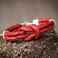 Leather braided bracelet, 'Love Knot' - Red Leather Braided Bracelet Capped with Silver Caps