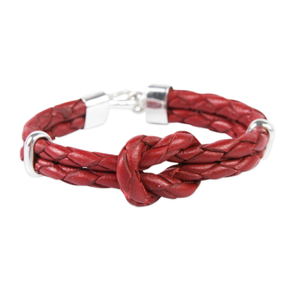 Leather braided bracelet, 'Love Knot' - Braided Red Leather and Sterling Silver Bracelet