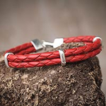 Men's Jewelry Leather Braided Bracelet with Sterling Silver, 'Red Furrows'