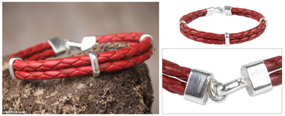 Men's braided leather bracelet, 'Red Furrows' - Men's jewellery Leather Braided Bracelet with Sterling Silve