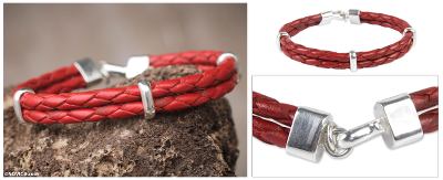 Men's leather bracelet, 'Red Furrows' - Men's Jewellery Leather Braided Bracelet with Sterling Silver