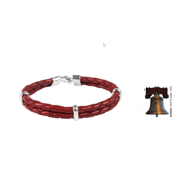 Men's leather bracelet, 'Red Furrows' - Men's Jewellery Leather Braided Bracelet with Sterling Silver