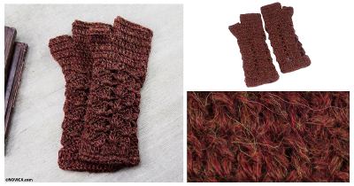 100% alpaca fingerless mitts, 'Deep Red Bouquet' - Women's Alpaca Patterned Fingerless Mittens Gloves