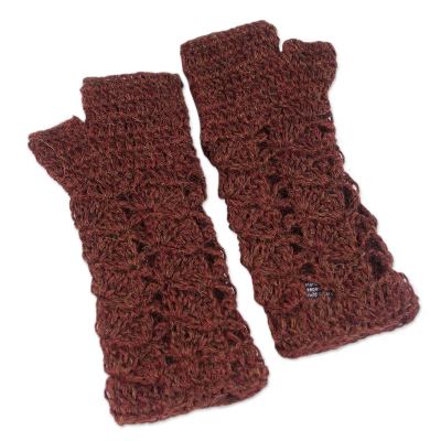 100% alpaca fingerless mitts, 'Deep Red Bouquet' - Women's Alpaca Patterned Fingerless Mittens Gloves