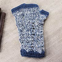 100% alpaca fingerless mitts, 'Azure Bouquet' - Collectible Alpaca Wool Patterned Gloves
