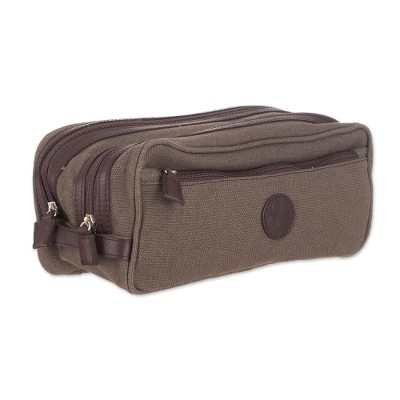 Leather accent travel case, 'Earth Textures' - Men's Leather Accent Brown Cotton Travel Case