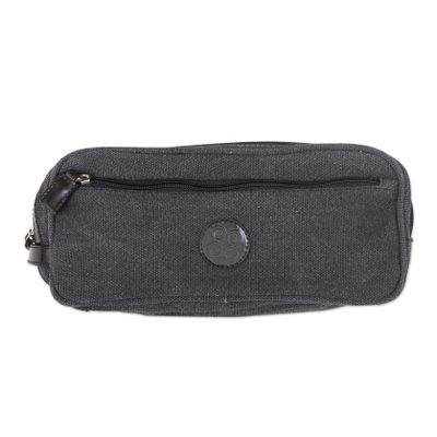 Leather accent travel case, 'Night Textures' - Men's Leather Accent Black Cotton Travel Case