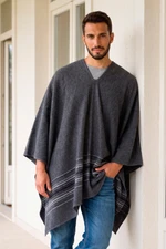 Men's alpaca blend poncho, 'Gray Nazca' - Warm Men's Alpaca Blend Poncho with V-neck from Peru