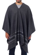 Men's alpaca blend poncho, 'Gray Nazca' - Warm Men's Alpaca Blend Poncho with V-neck from Peru