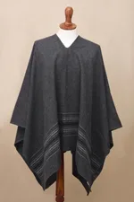 Men's alpaca blend poncho, 'Gray Nazca' - Warm Men's Alpaca Blend Poncho with V-neck from Peru