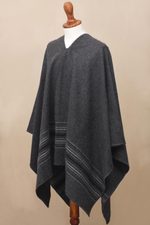 Men's alpaca blend poncho, 'Gray Nazca' - Warm Men's Alpaca Blend Poncho with V-neck from Peru