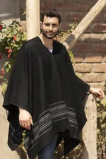 Men's alpaca blend poncho, 'Black Nazca' - Artisan Crafted V-neck Alpaca Blend Poncho for Men