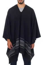 Men's alpaca blend poncho, 'Black Nazca' - Artisan Crafted V-neck Alpaca Blend Poncho for Men