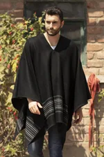 Men's alpaca blend poncho, 'Black Nazca' - Artisan Crafted V-neck Alpaca Blend Poncho for Men