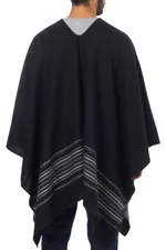 Men's alpaca blend poncho, 'Black Nazca' - Artisan Crafted V-neck Alpaca Blend Poncho for Men
