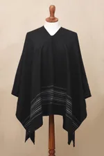 Men's alpaca blend poncho, 'Black Nazca' - Artisan Crafted V-neck Alpaca Blend Poncho for Men
