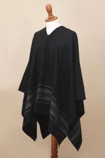Men's alpaca blend poncho, 'Black Nazca' - Artisan Crafted V-neck Alpaca Blend Poncho for Men