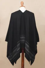 Men's alpaca blend poncho, 'Black Nazca' - Artisan Crafted V-neck Alpaca Blend Poncho for Men