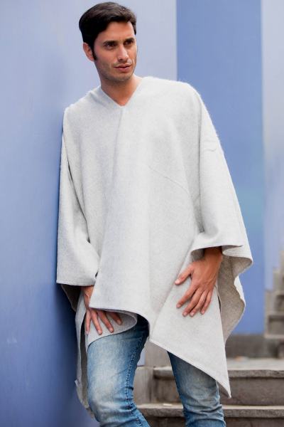 Men's alpaca blend poncho, 'Inca Explorer in Silver' - Men's Alpaca Blend Poncho with V-neck from Peru