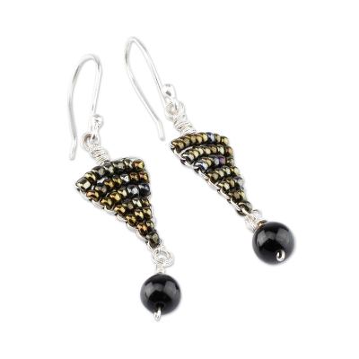 Obsidian dangle earrings, 'Andean Sophistication' - Artisan Crafted Sterling Silver and Obsidian Earrings