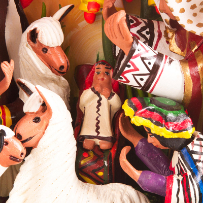 Wood and ceramic nativity scene, 'An Andean Christmas' - Handmade Andean Retablo Nativity Scene