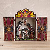 Wood and ceramic nativity scene, 'Jesus in the Andes' - Wood and ceramic nativity scene