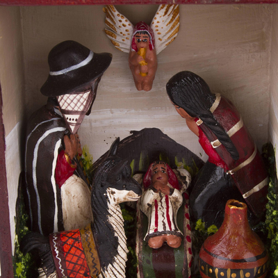 Wood and ceramic nativity scene, 'Jesus in the Andes' - Wood and ceramic nativity scene
