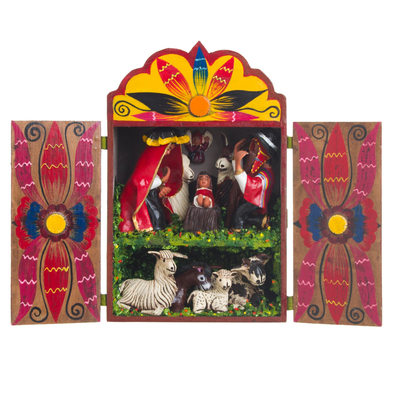 Wood and ceramic nativity scene, 'Christmas in Cuzco' - Wood and ceramic nativity scene