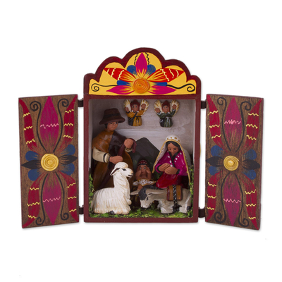 Belén de madera y cerámica - Belén andino tradicional hecho a mano retablo diorama