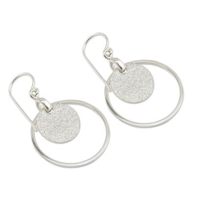 Sterling silver dangle earrings, 'Union of Circles' - Handmade Modern 925 Silver Dangle Earrings